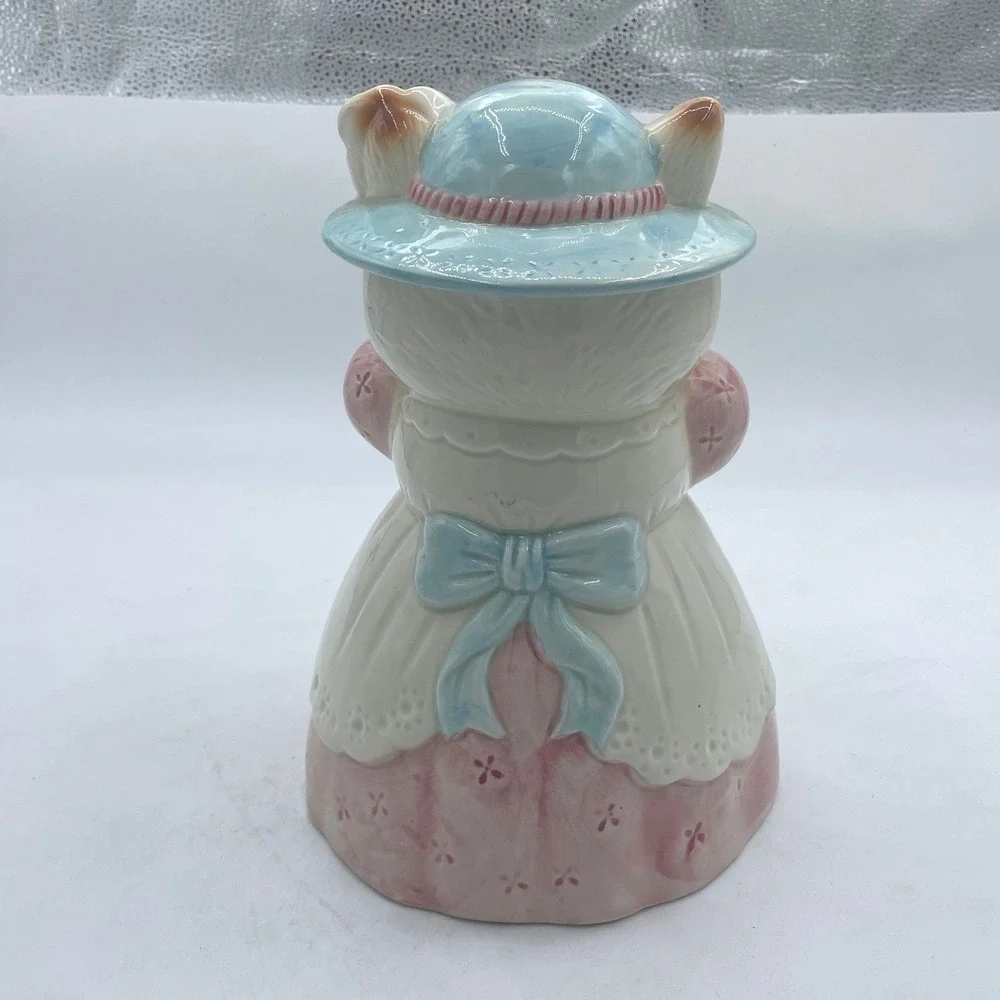 Vintage Ceramic Cat Cookie‎ Jar Victorian Lady Cat Pink Blue White 10 Inch